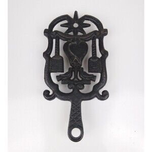 VTG 1952 J.Z.H. Cast Iron Footed Trivet Doves Hearts Brooms 9" Marked 299